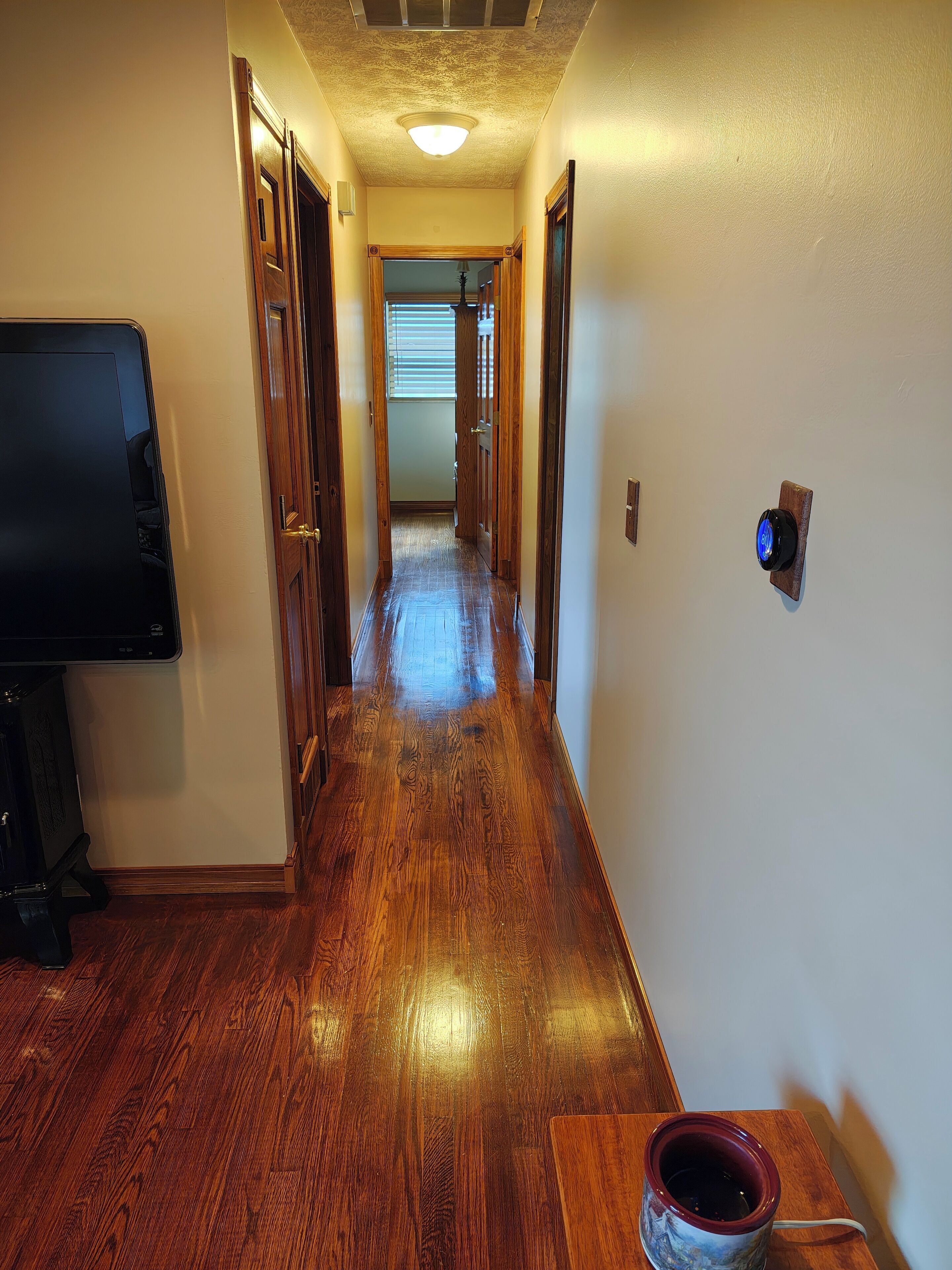 Un pasillo con suelo de madera, un televisor a la izquierda y una puerta al final.