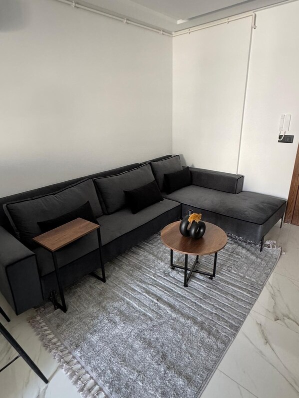 A modern living room with a black sectional sofa, a small wooden side table, and a round coffee table with a vase. - S+1 in a new residence (Tunis)