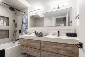 Hair dryer, towels, soap, toilet paper