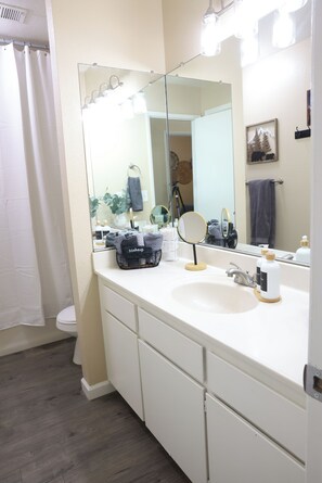 Hair dryer, towels, soap, shampoo