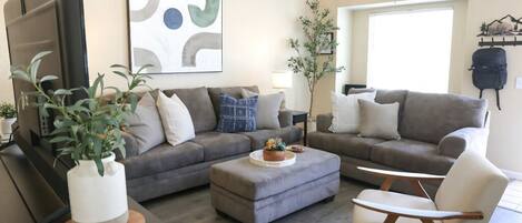 Smart TV, fireplace, books, music library