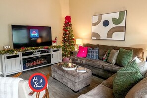 Smart TV, fireplace, books, music library