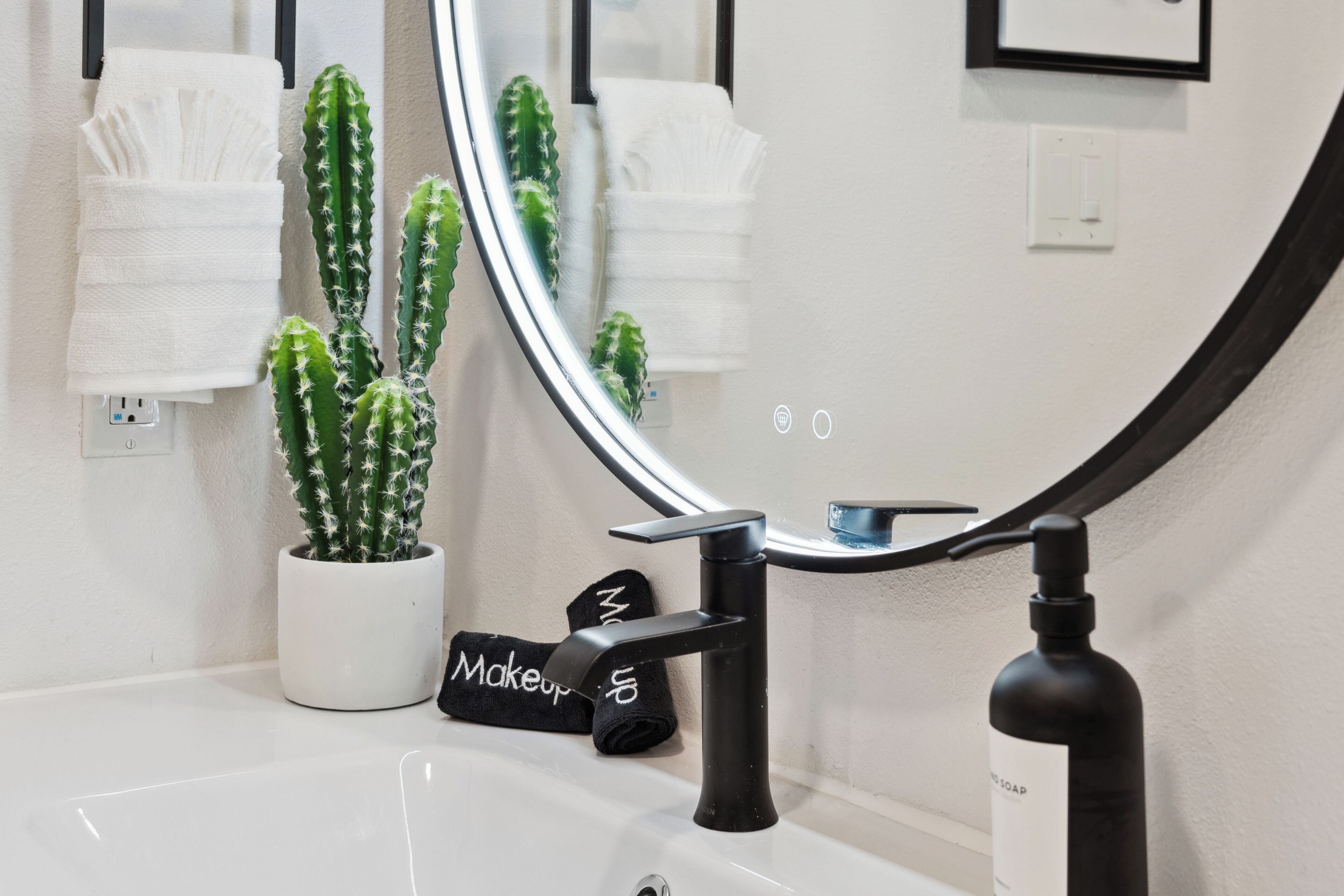 A bathroom with a white sink, a black faucet, a mirror, and a potted cactus.
