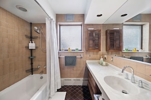 Hair dryer, towels, soap, toilet paper