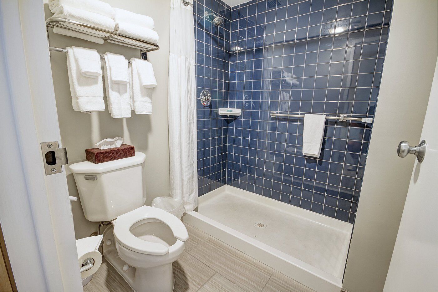 Hair dryer, towels, soap, toilet paper