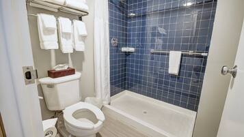 Hair dryer, towels, soap, toilet paper