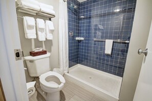 Hair dryer, towels, soap, toilet paper
