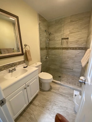 Shower, towels, soap, toilet paper