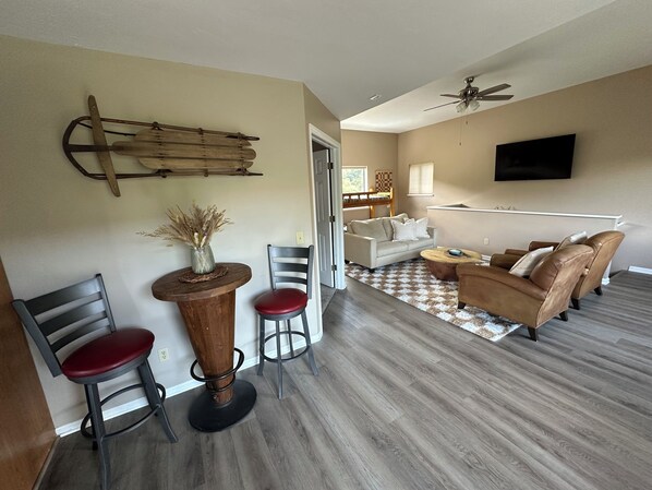 Smart TV, fireplace, books