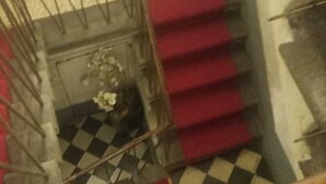 A staircase with red carpeted steps and a checkered floor.