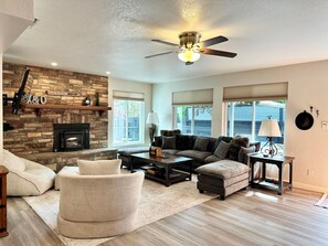 Smart TV, fireplace, video games, DVD player