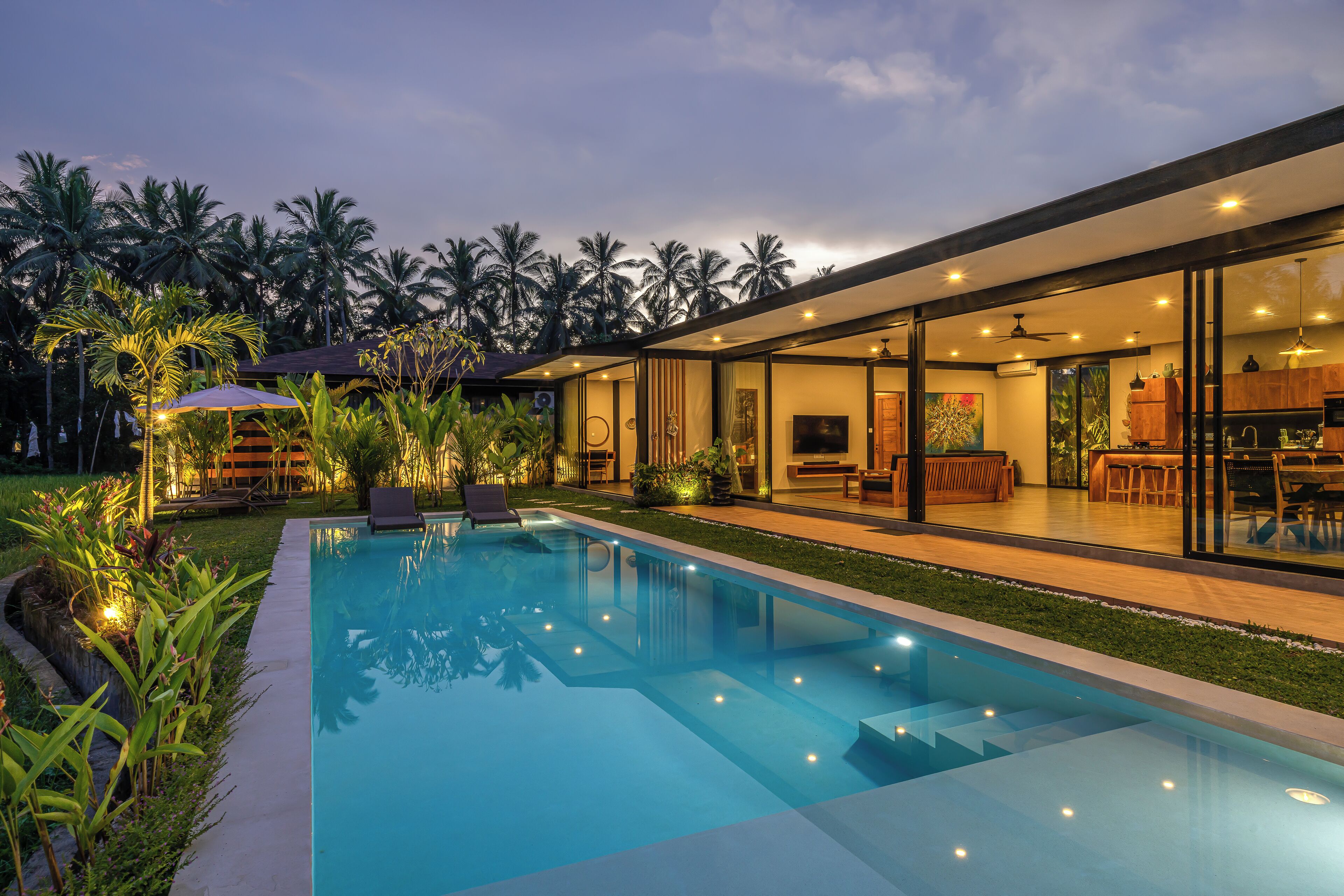 A modern house with a swimming pool, large glass doors, and a tropical garden.