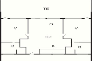 Ein Grundriss mit den ausgewiesenen Bereichen TE, V, SP, B und K.