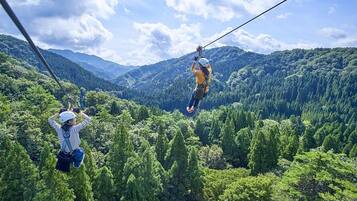 Due persone che sfrecciano su una zip line sopra una valle boscosa con montagne sullo sfondo.