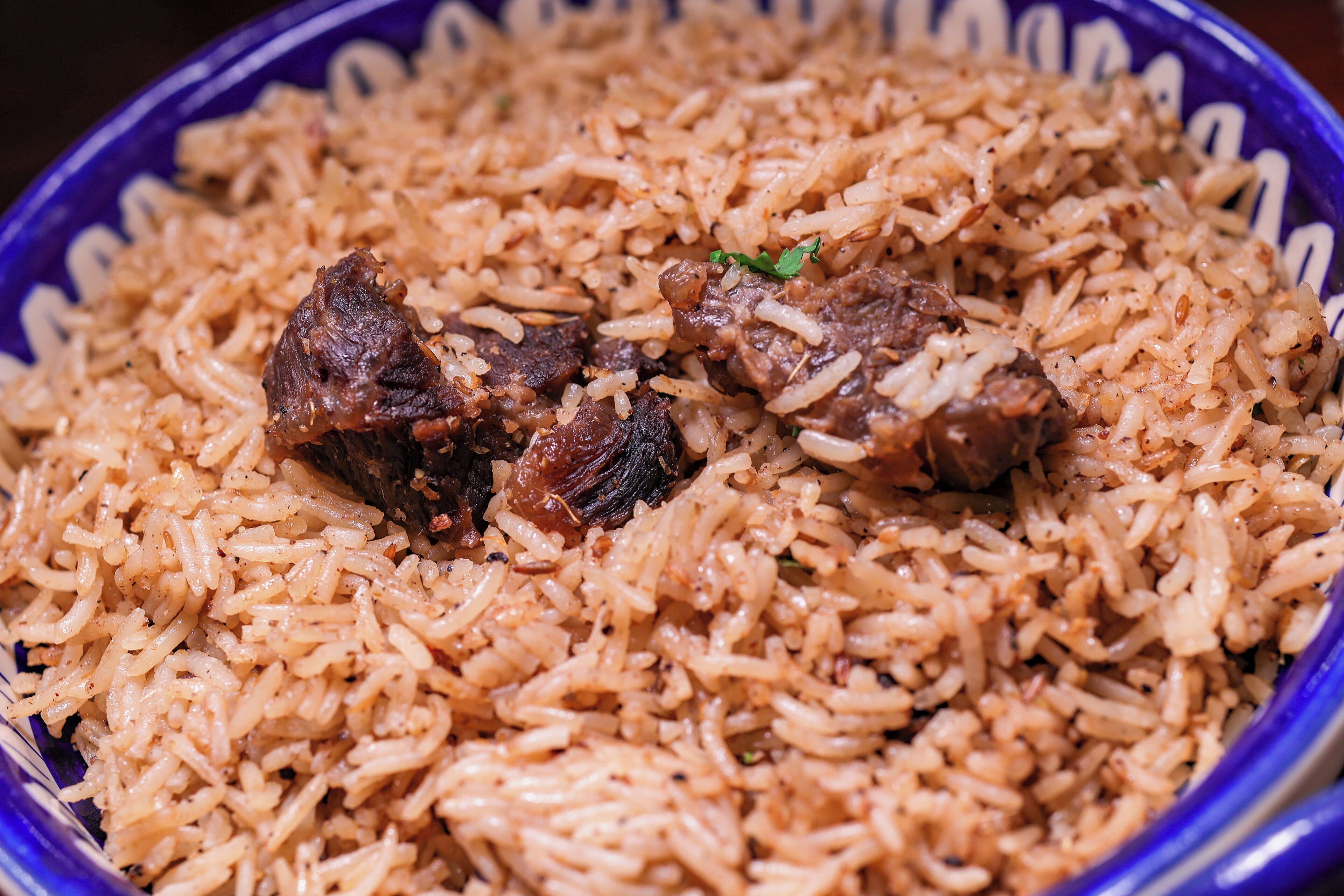 Un tazón de arroz con carne.