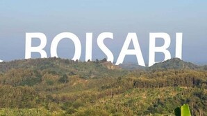 Μια μεγάλη πινακίδα με τη λέξη «BOISABI» τοποθετημένη στην κορυφή ενός λόφου.