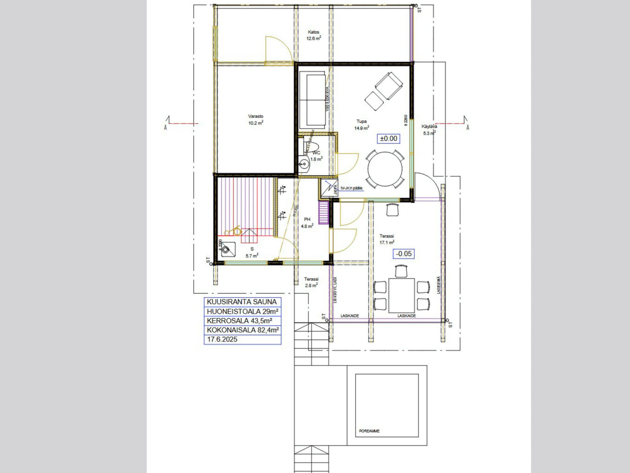 Plano de planta de un edificio con varias habitaciones, que incluye una sauna, una sala de estar y un comedor.