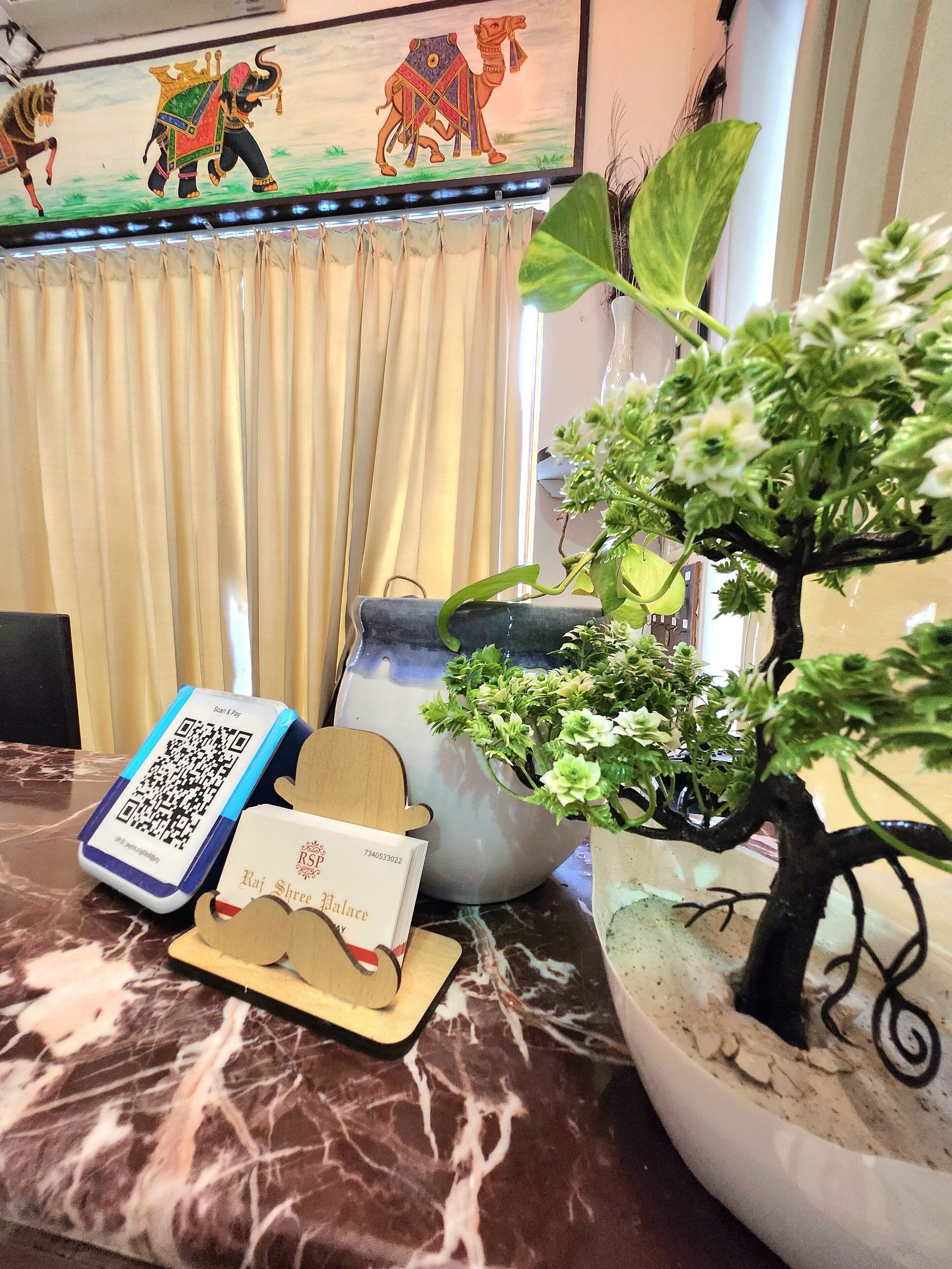 Una mesa con un código QR, una tarjeta, una planta en maceta y un adorno.