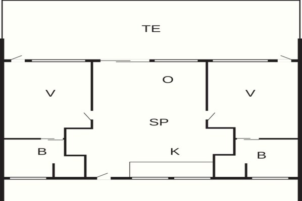 En plantegning med afmærkede områder TE, V, SP, B og K.