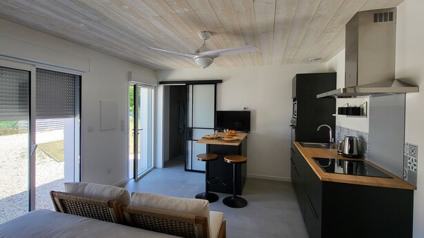 A modern bedroom with a large bed, a small sitting area, and a kitchenette.
