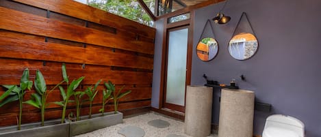 Shower, towels, soap, shampoo