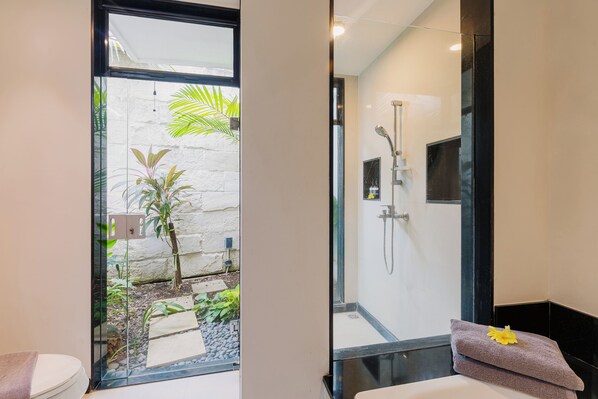 A modern bathroom with a glass shower enclosure, a toilet, and a sink.