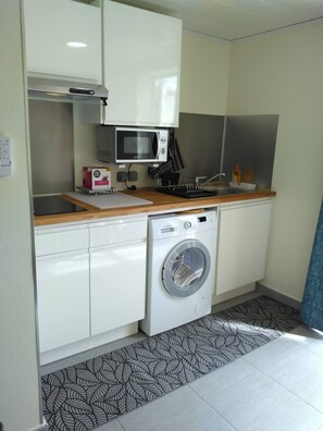 Frigorífico, microondas, horno y placa de cocina