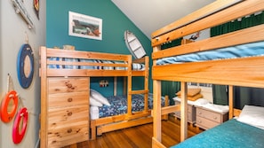 A bunk bed room with a wooden dresser, a small desk, and a framed picture on the wall. - MiaCasa - by Lifestyle. Brunswick Heads (NEW BRIGHTON)