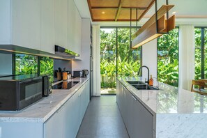 Luxury Villa, Patio, Pool View | Private kitchen | Fridge, microwave, stovetop, dishwasher - Villa Bedawang - 4BR Villa Seminyak (Seminyak)