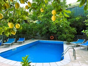 A swimming pool with blue tiles, surrounded by a metal fence, and blue lounge chairs. - Limoneto - Giardino by Espresso Rentals (Campania)