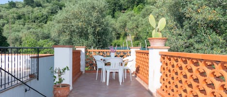 A terrace with a table and chairs, surrounded by a decorative fence and potted plants.