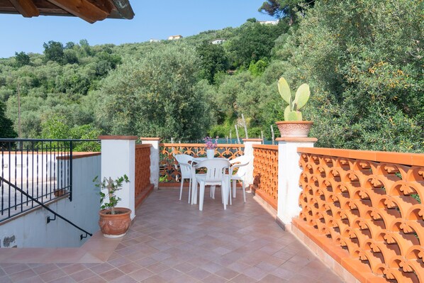 A terrace with a table and chairs, surrounded by a decorative fence and potted plants.