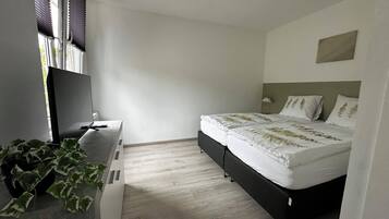 A bedroom with a bed, a desk, a TV, and a plant.