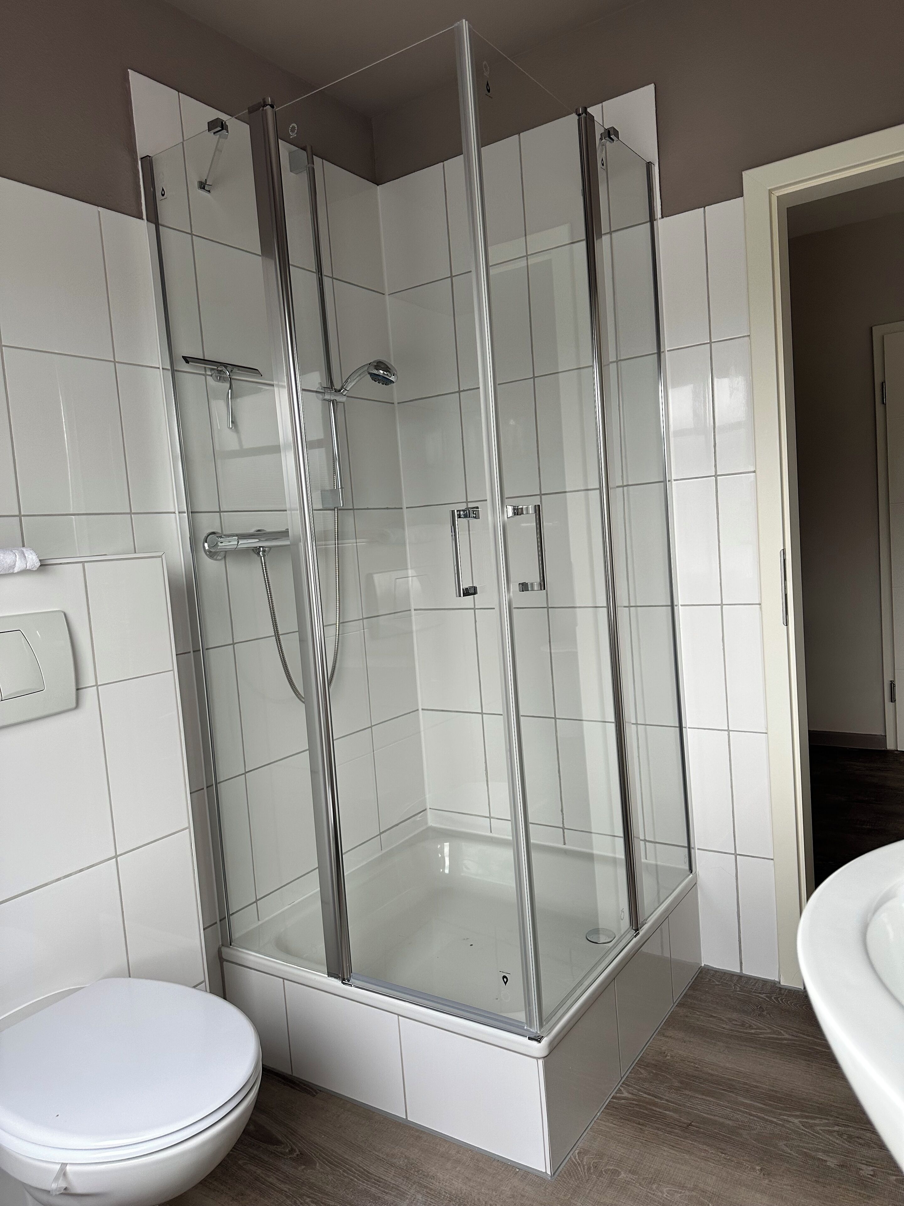 A modern bathroom with a glass-enclosed shower, a white toilet, and a wooden floor.