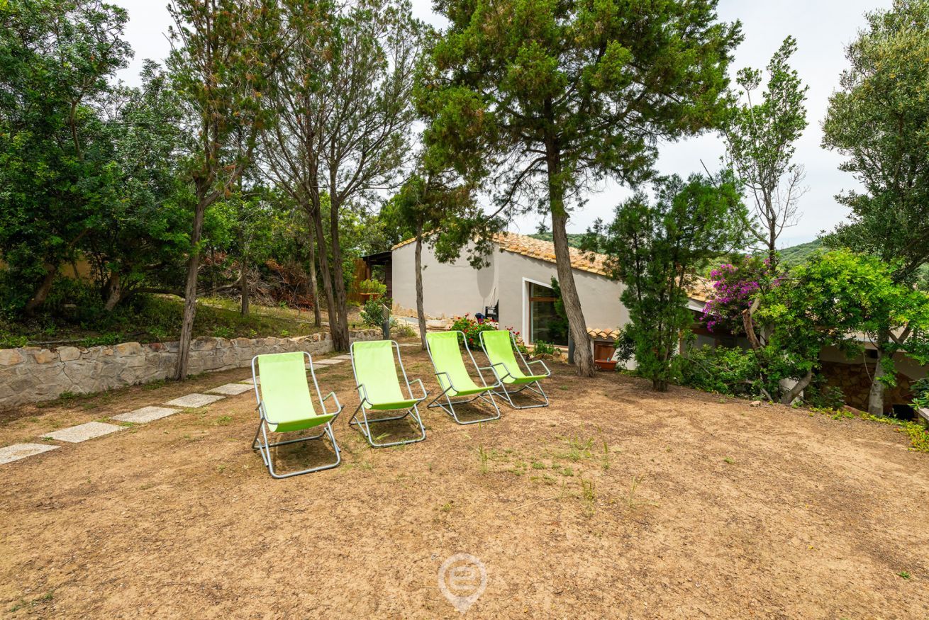 Un patio trasero con cuatro sillas reclinables verdes, un muro de piedra y un pequeño edificio con techo de tejas.