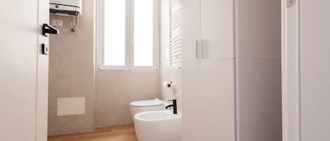 Shower, hair dryer, bidet, towels