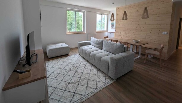 Un salon moderne avec un canapé gris, une table à manger en bois et une grande fenêtre.