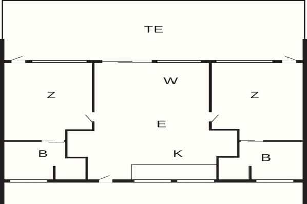 Ein Grundriss mit beschrifteten Räumen TE, W, Z, B und K.
