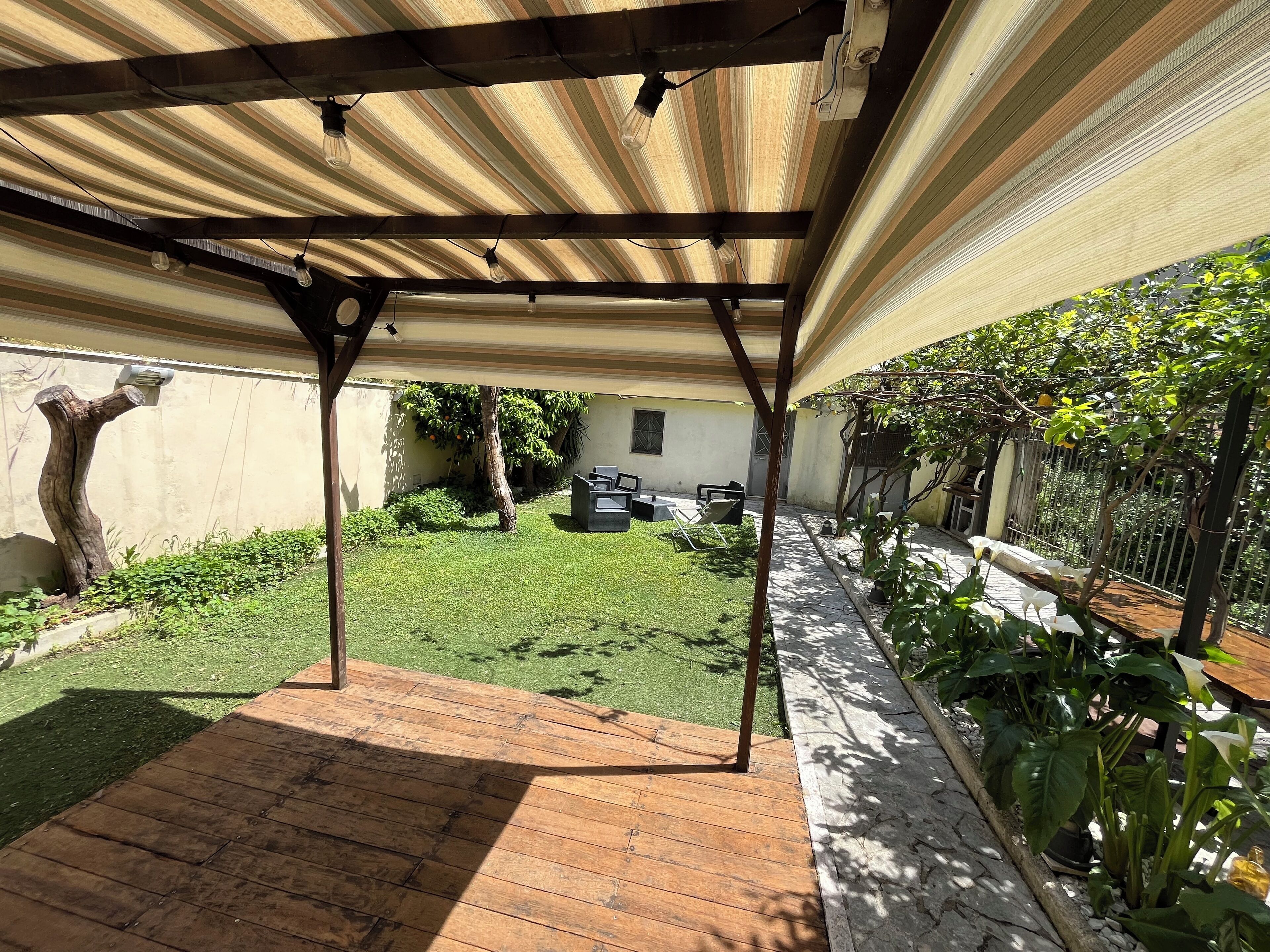 A covered patio area with a wooden deck, a small lawn, and various potted plants.