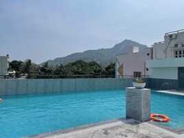Una piscina con vista a la montaña, un flotador salvavidas y una planta en maceta.