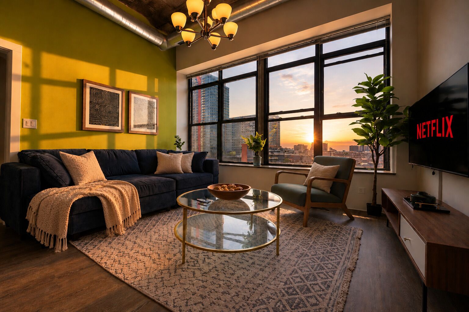 A modern living room with a sofa, a glass coffee table, a TV, and a large window with a city view.