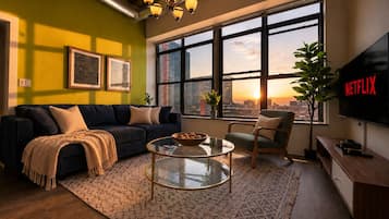 A modern living room with a sofa, a glass coffee table, a TV, and a large window with a city view.