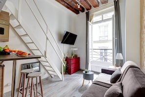 City Studio, 1 Double Bed with Sofa bed, Non Smoking | Living area | 40-inch Smart TV with satellite channels - Charming Le Marais Mezzanine Studio (Paris)