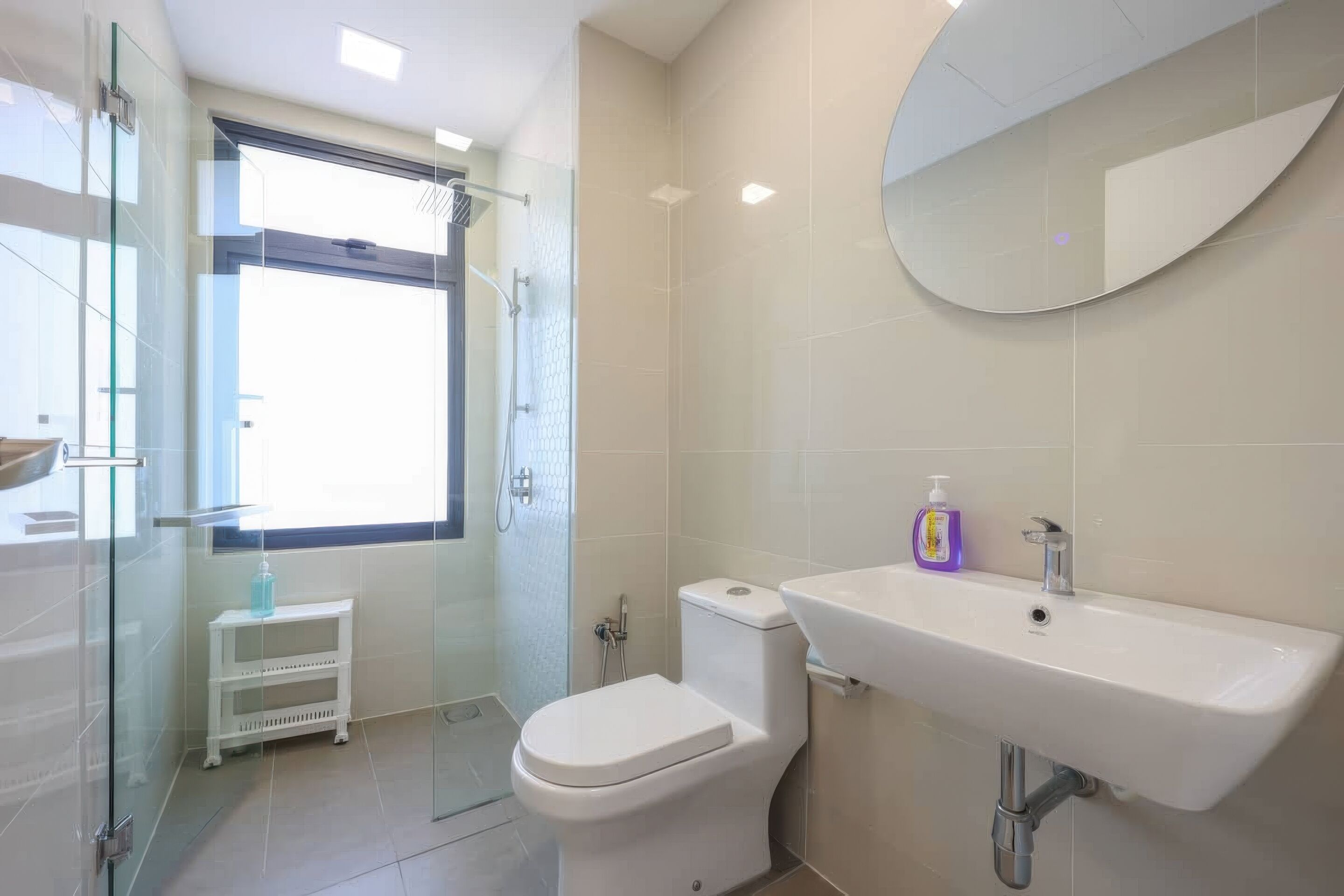A modern bathroom with a glass shower enclosure, a white toilet, and a sink with a mirror above it.