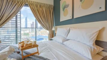 Desk, laptop workspace, free WiFi, bed sheets
