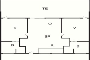 A floor plan with labeled areas TE, V, SP, B, and K. - 6 Person Holiday Park Home in Gilleleje (Gilleleje)