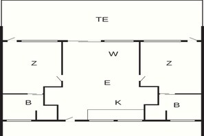 A floor plan with labeled rooms: TE, W, Z, B, and K. - 6 Person Holiday Park Home in Gilleleje (Gilleleje)