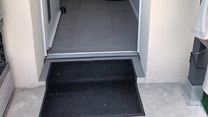 A hallway with a black mat at the entrance, a potted plant on the right, and a door with frosted glass panels.