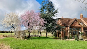 A house with a brick exterior, large windows, and a well-maintained lawn.