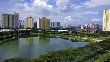 A cityscape with high-rise buildings, a central park with a pond, and surrounding greenery.